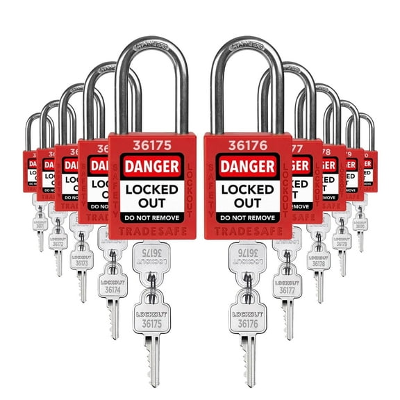 TRADESAFE Lockout Tagout Locks, Red Nylon Keyed Different LOTO Padlocks, 10 Pcs, 2 Keys per Lock