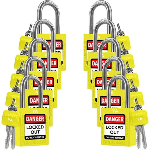 TRADESAFE Lockout Tagout Locks, Yellow Keyed Alike Unlimited Grouping LOTO Locks, 10 pcs, 2 Keys Each