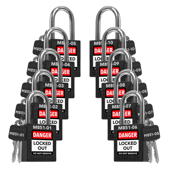 TRADESAFE Lockout Tagout Locks with Master Keys, Black Keyed Different LOTO Locks, 10 pcs, 2 Keys