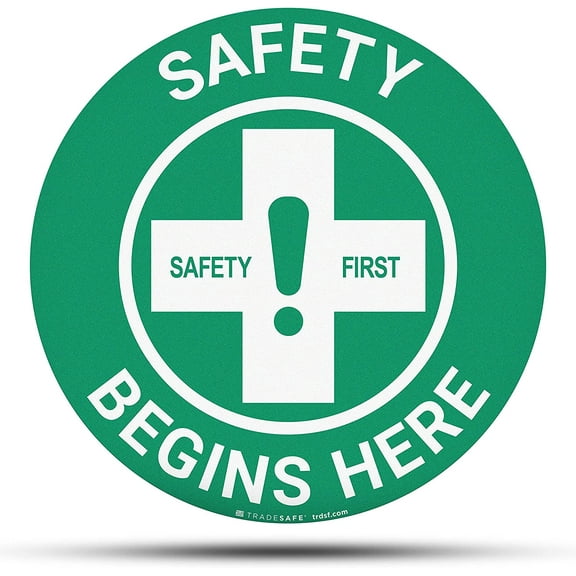 TRADESAFE Safety Begins Here Anti Slip Reflective Sign, 17” Diameter Floor Sticker, 12 Mil Vinyl