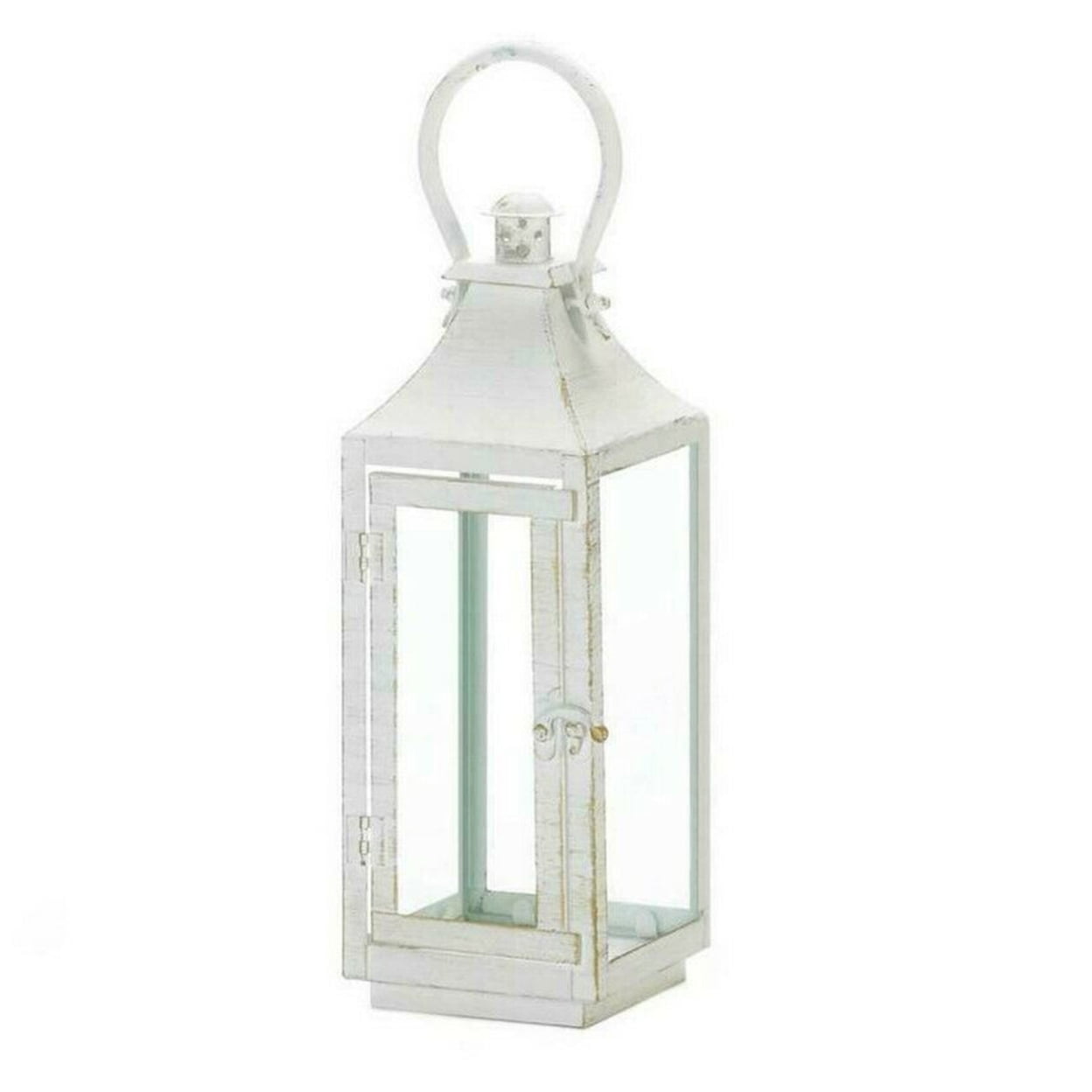 White Iron and Glass Tabletop Hanging Candle Lantern