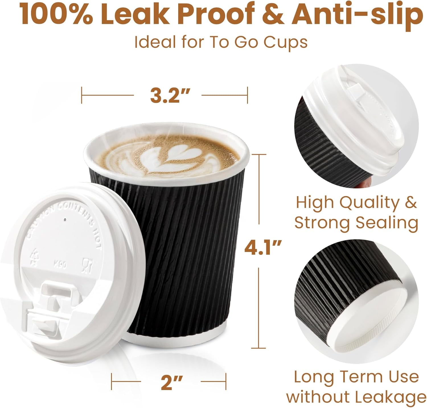 TRAHOO100 Pack 8 oz Black Disposable Coffee Cups with Lids & Stirrers