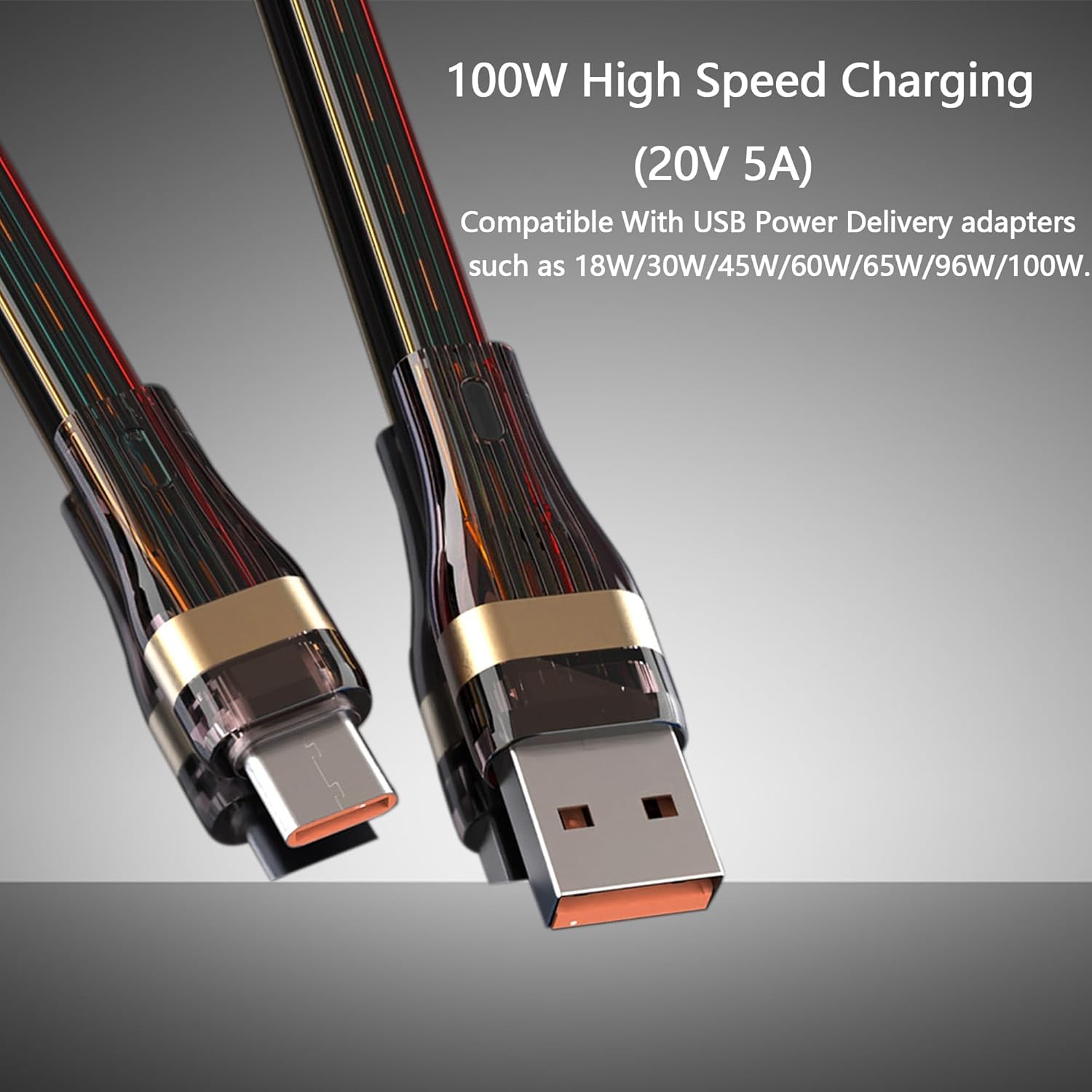 TRAHOO100W USB to USB C Cable, 5A Transparent Soft Silicone TypeC Super Fast Charging