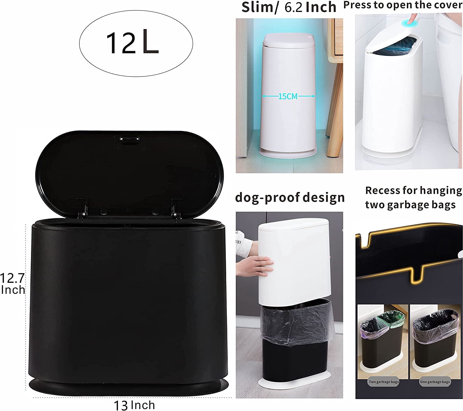 TRAHOO-12 Liter Plastic Trash Can with Press Top Lid for Bathroom Black ...