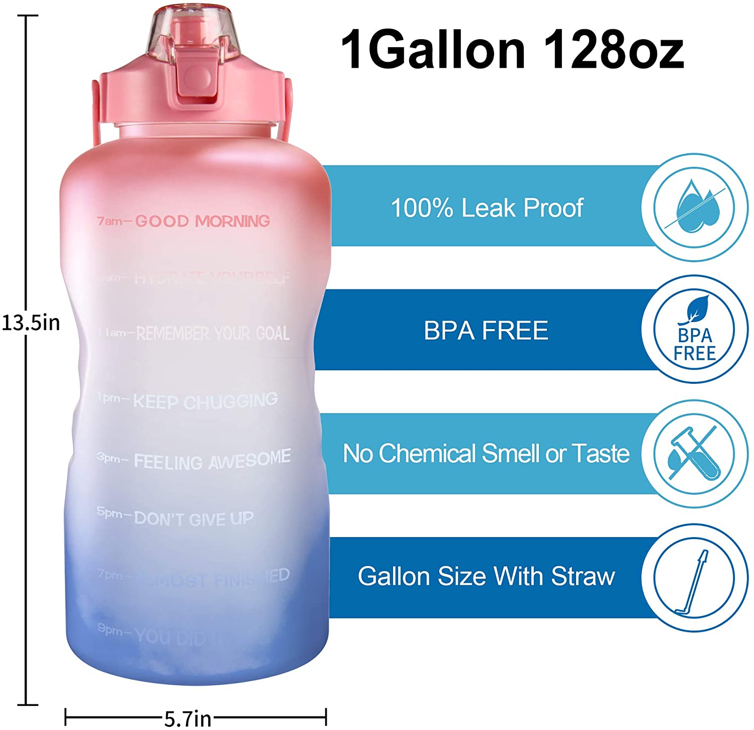 TRAHOO128oz LeakProof Gallon Water Bottle with Removable Straw