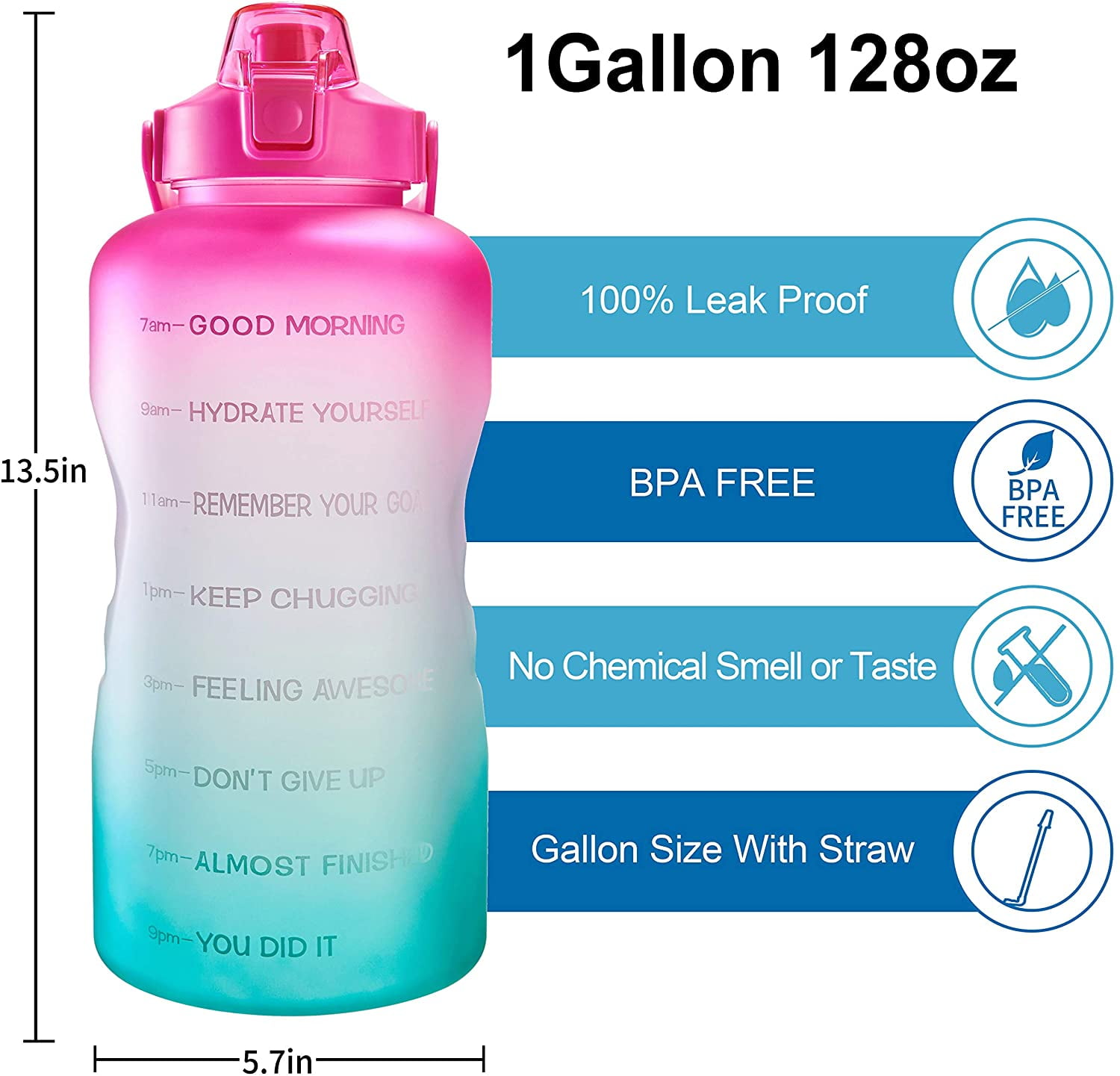 TRAHOO128oz LeakProof Gallon Water Bottle with Removable Straw