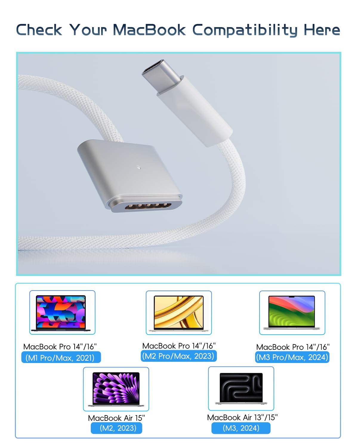 Usb C Cable 140W USB-C To Magnetic 3 Cable, 6.6FT/2M Magnetic Charging Cable Compatible With (14/16-inch, 2024/2022), MacBook Air (13/15-inch, M2/ M3/M4, 2023/2024/2025 Macbook Pro
