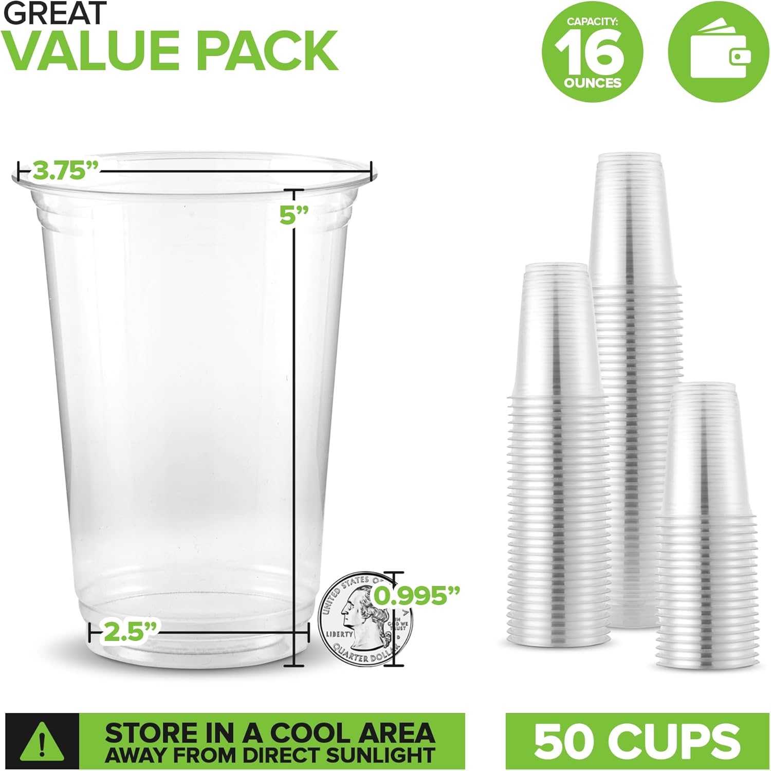 TRAHOO16 oz Clear Commercially Compostable Cold Cups (50 Pack) Plant