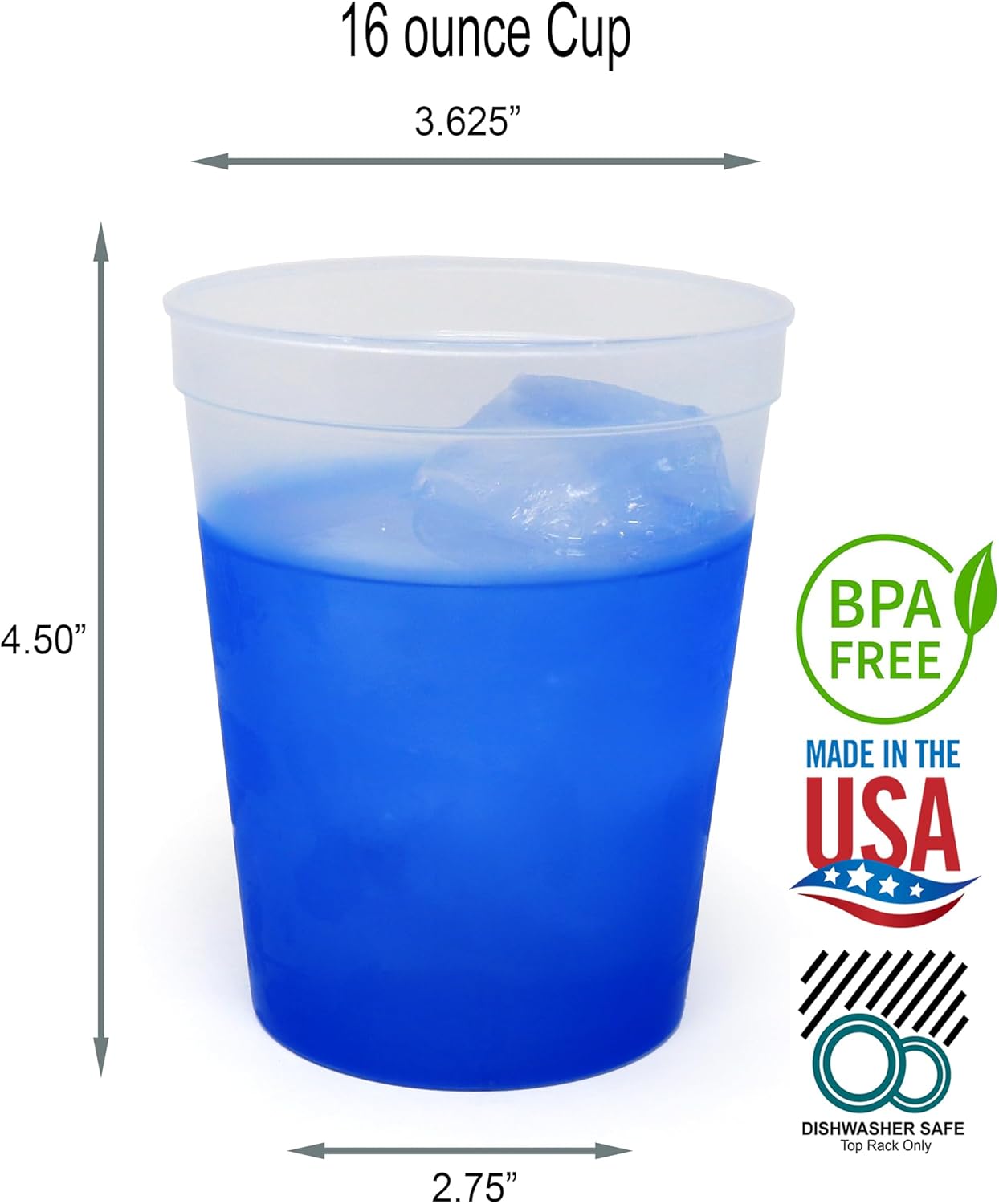 TRAHOO16 oz. Reusable Plastic Stadium Cups, 8 Pack, Made in USA, BPA