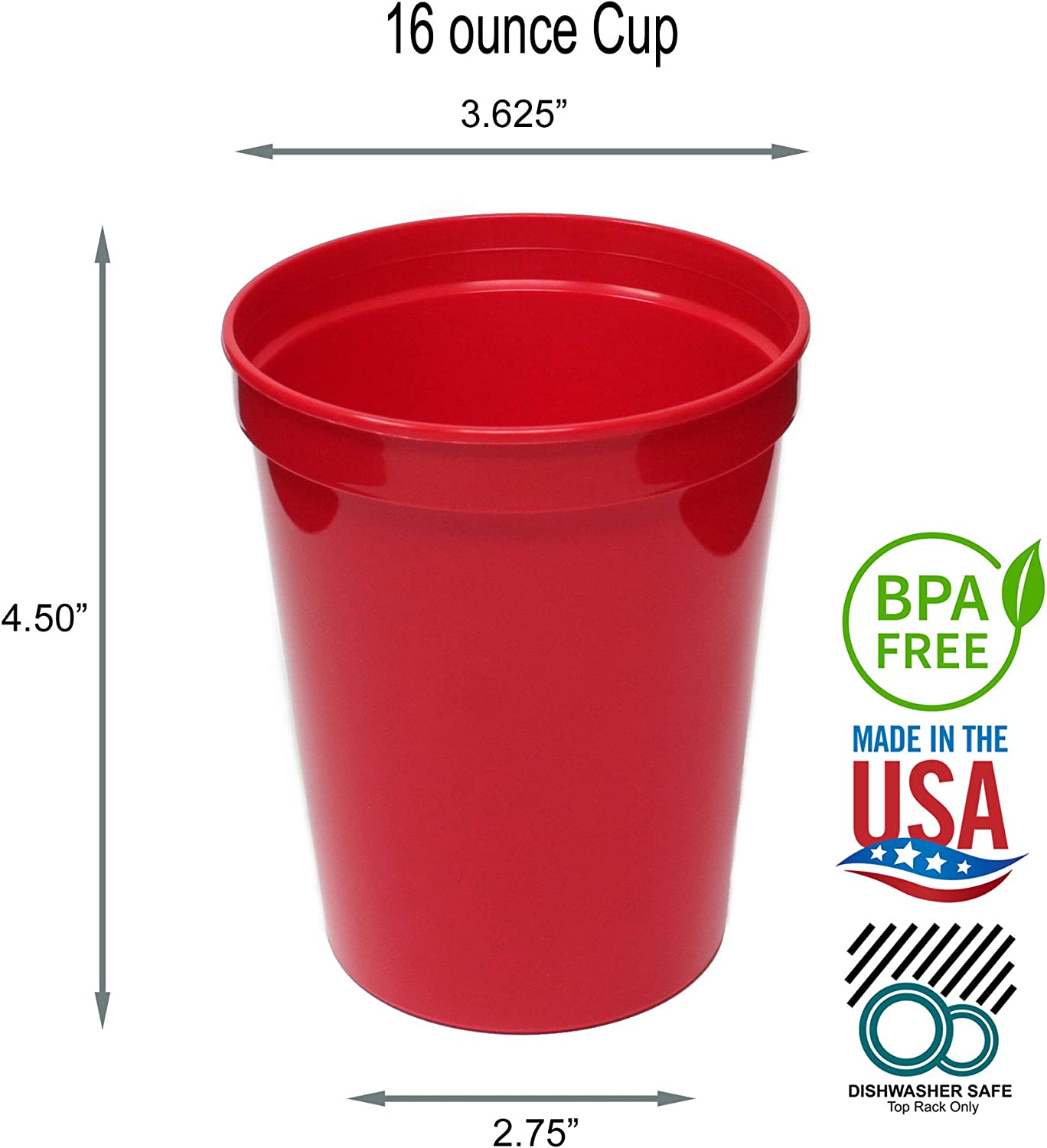 TRAHOO16 oz. Reusable Plastic Stadium Cups, 8 Pack, Made in USA, BPA