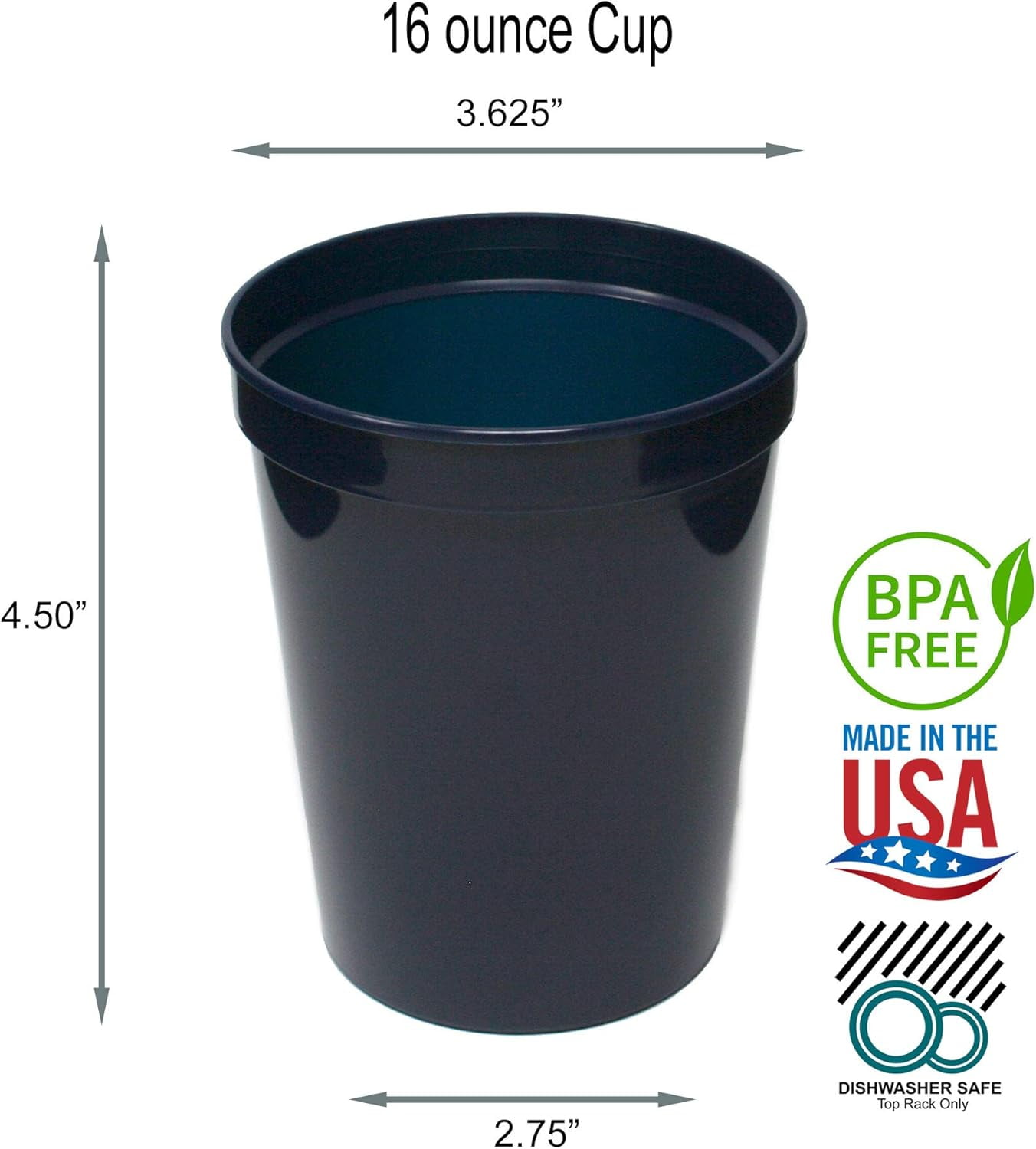 TRAHOO16 oz. Reusable Plastic Stadium Cups, 8 Pack, Made in USA, BPA