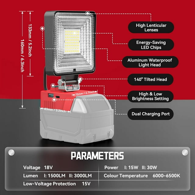 TRAHOO18V Work Light for Milwaukee m18 Battery, 30W 3000LM Cordless