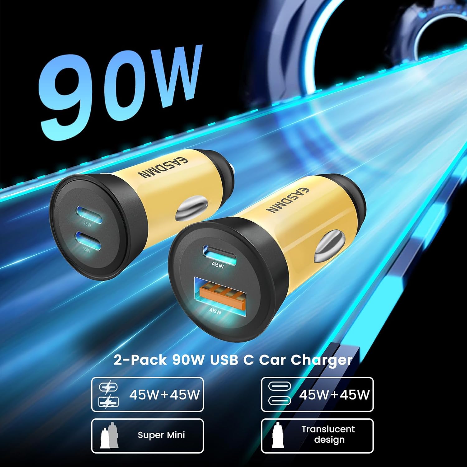 TRAHOO2Pack 90W USB C Super Fast Car Charger, DualPort [PD/PPS 45W