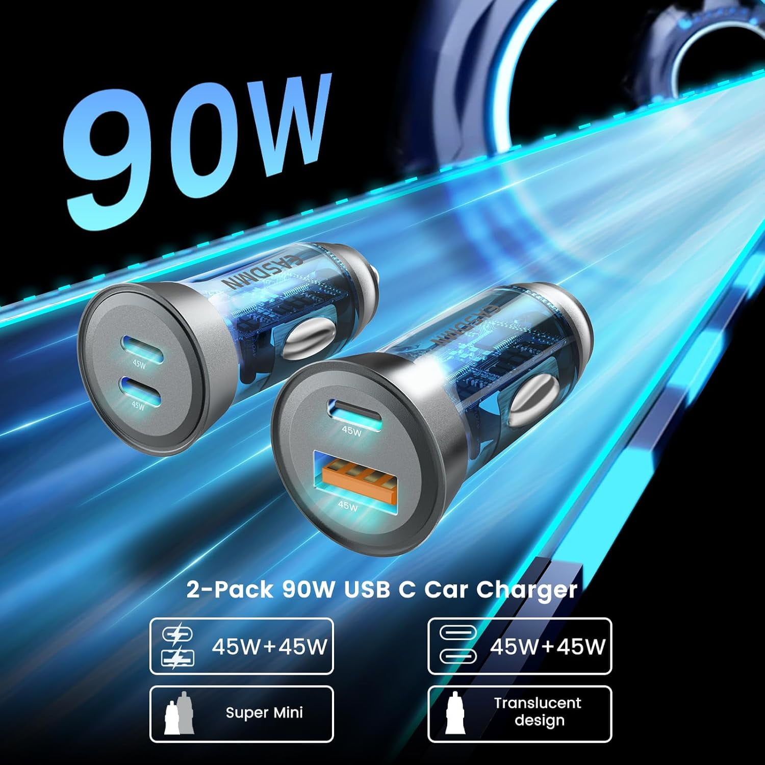 TRAHOO2Pack 90W USB C Super Fast Car Charger, DualPort [PD/PPS 45W