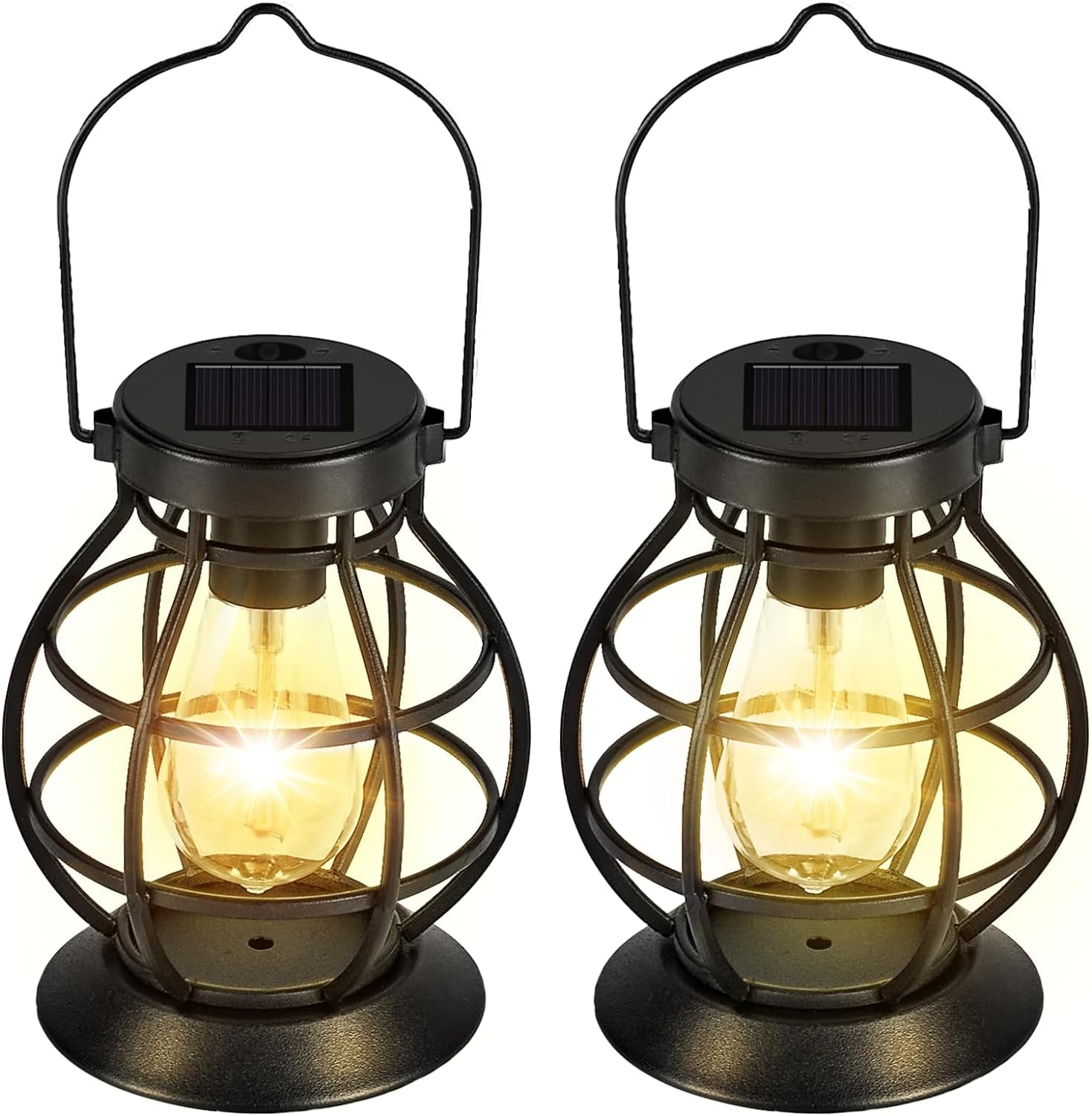 Set of 2 Black Metal Solar LED Lanterns