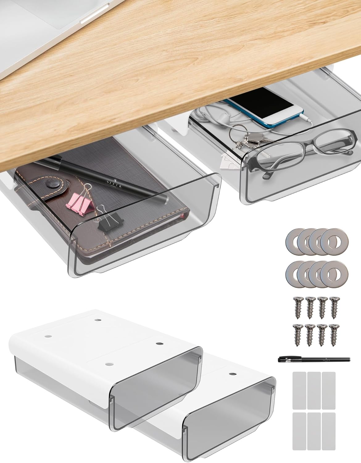 TRAHOO2 Pack Under Desk Drawer Organizer, Slide Out Adhesive Desk
