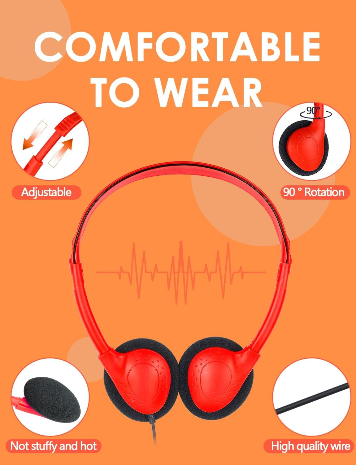 120 Pcs Kids Classroom Headphones Bulk Set - Wired On-Ear Headphones With Adjustable Headband | 5 Colors, 3.5mm Jack - View #3