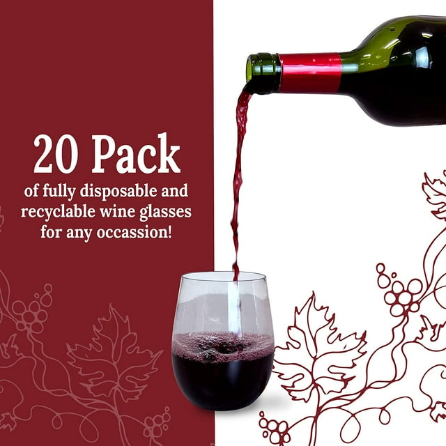 TRAHOO(20 Pack Disposable Wine Glasses 12 oz Stemless Plastic Wine
