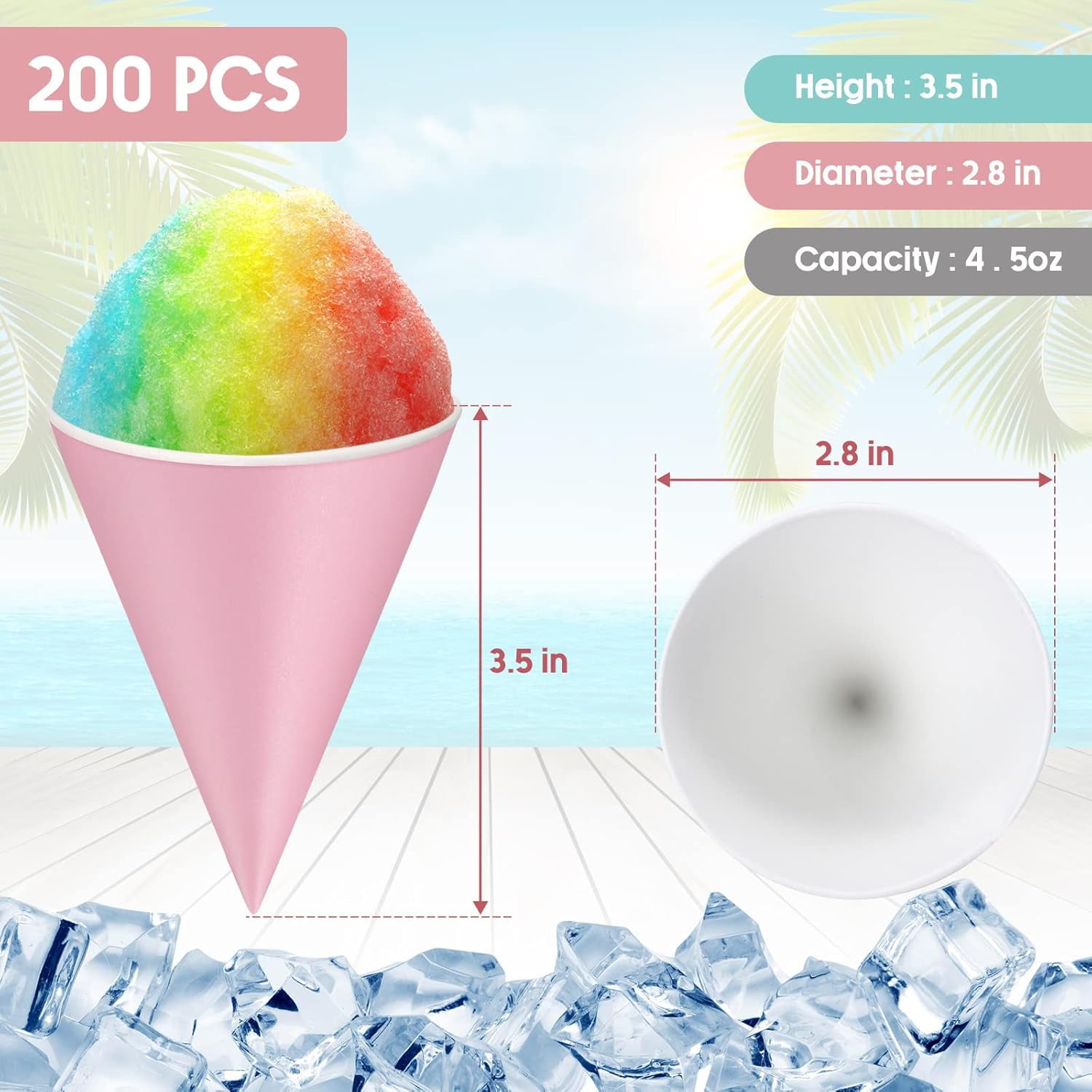 TRAHOO200 Pack Snow Cone Cups 4.5 Oz Cone Paper Cups Bulk Small Water