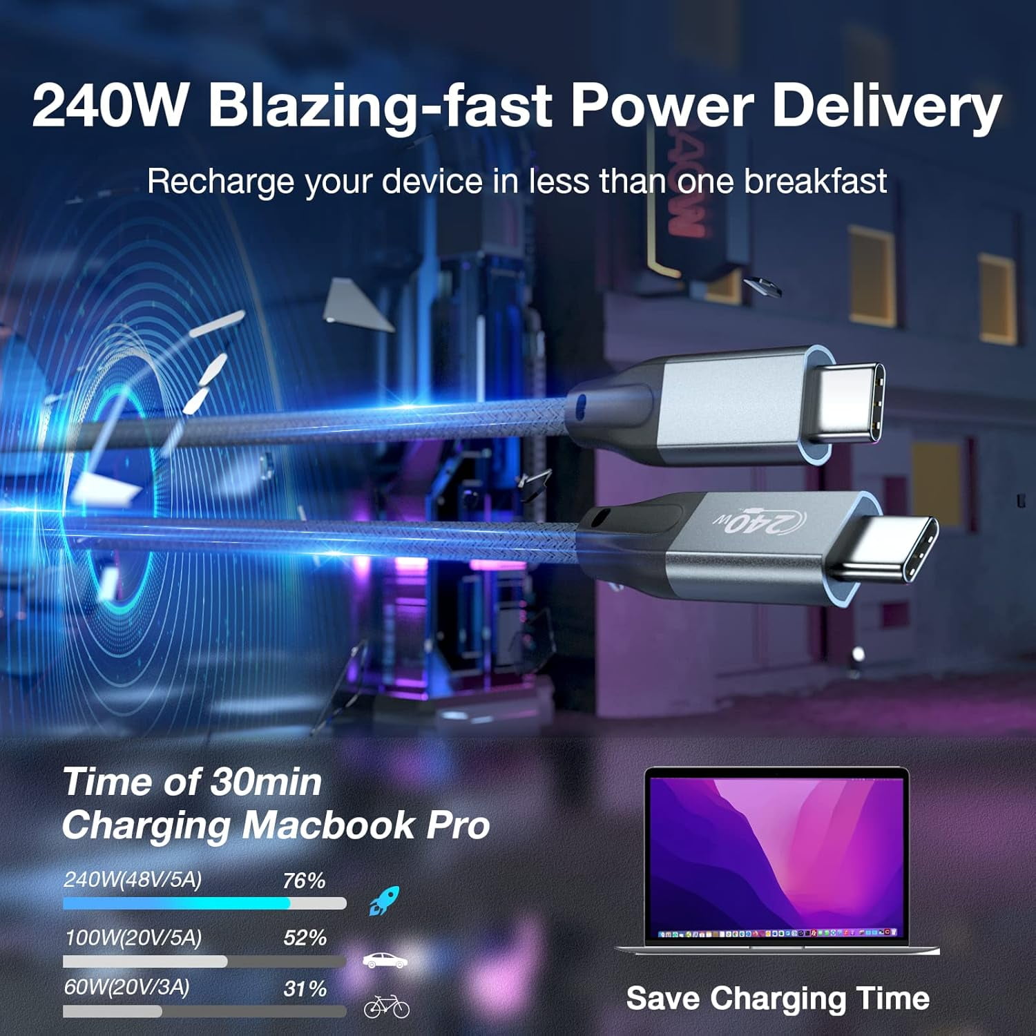 TRAHOO240W USB C to USB C Cable 10ft, Type C to Type C Cable for