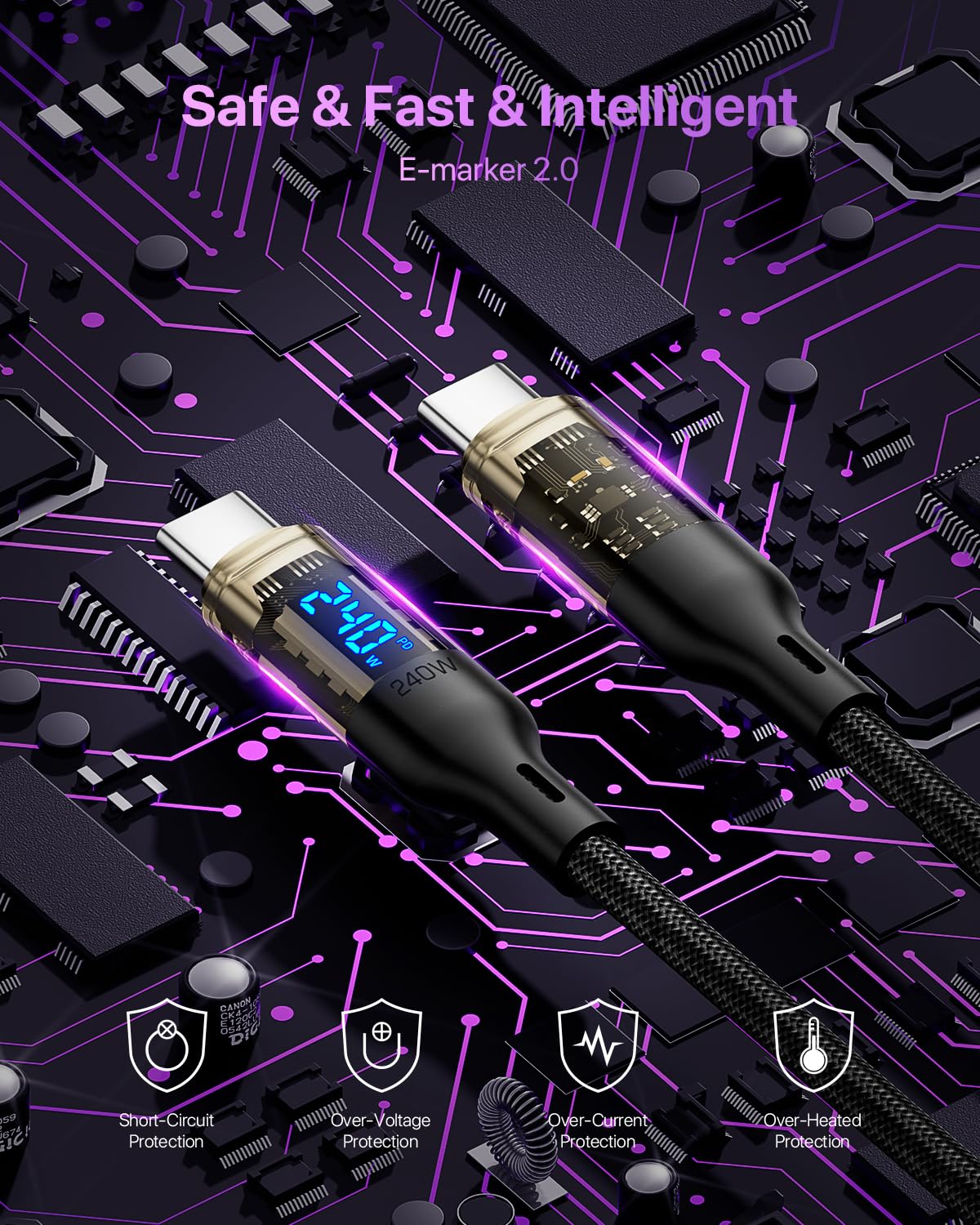 TRAHOO240W USB C to USB C Transparent Cable with LED Display