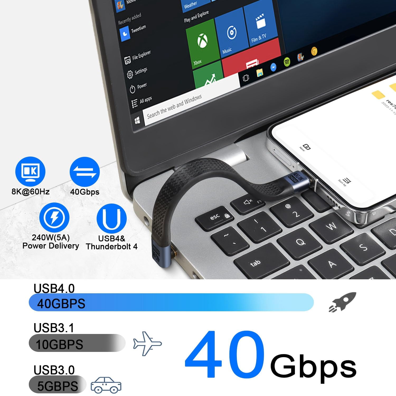 QIANRENON USB4.0 90° Adapter: 40 Gbps, 240W Laden & 8K Video – Perfekt Für Laptop, Tablet & Steam Deck