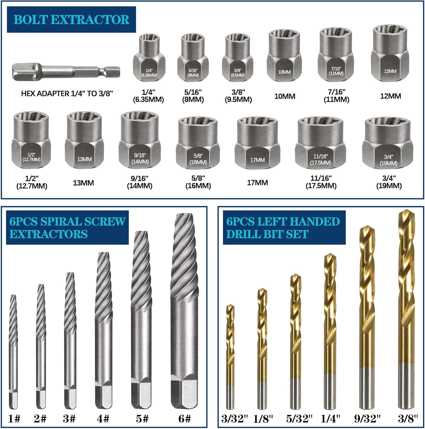 TRAHOO26 Piece Impact Bolt and Spiral Screw Extractor Set with Left