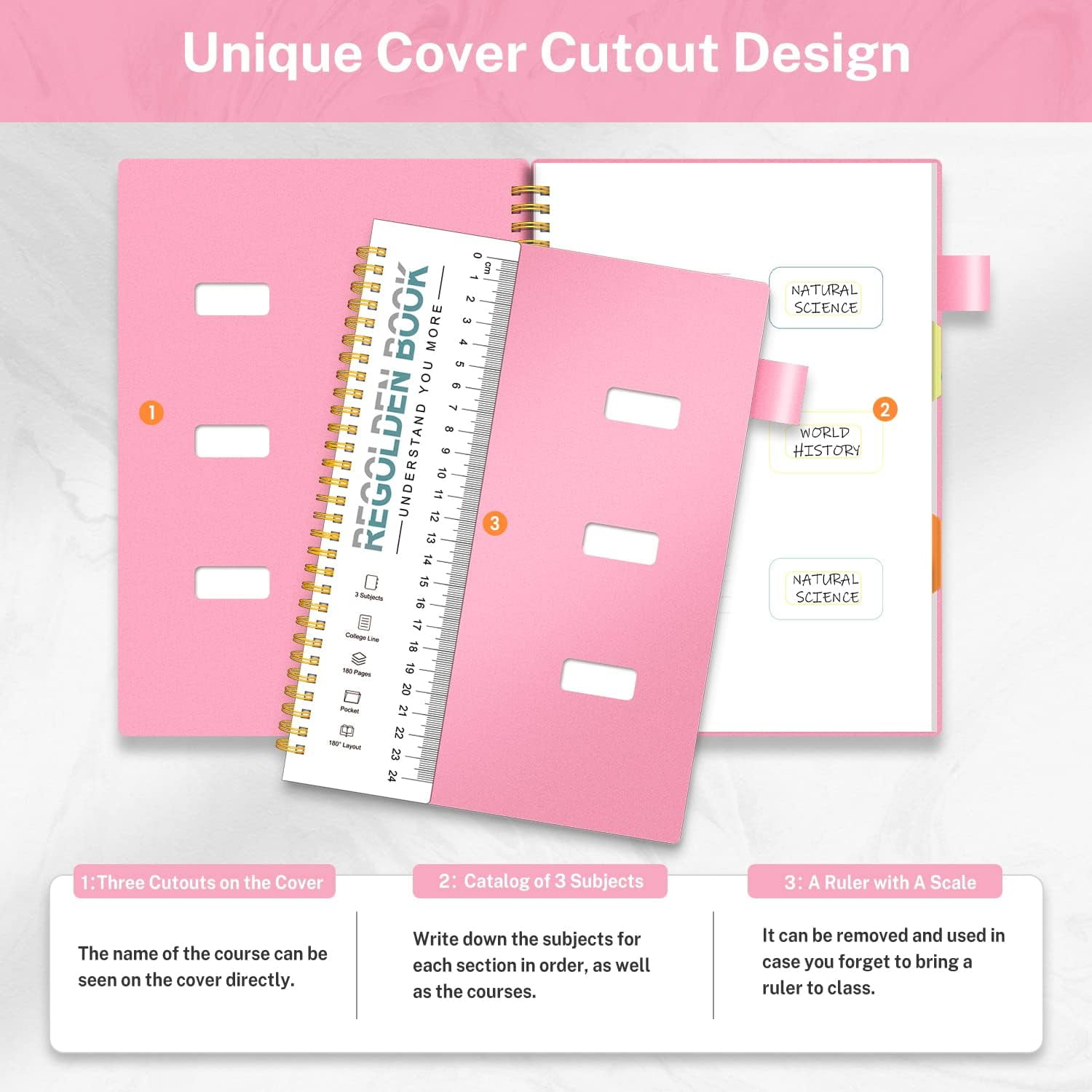 TRAHOO-3 Subject Spiral Notebook College Ruled with Dividers Tabs Pocket, Multi Subject Spiral Lined Journals for School Home & Office, 180 Pages, 7x10, Pink