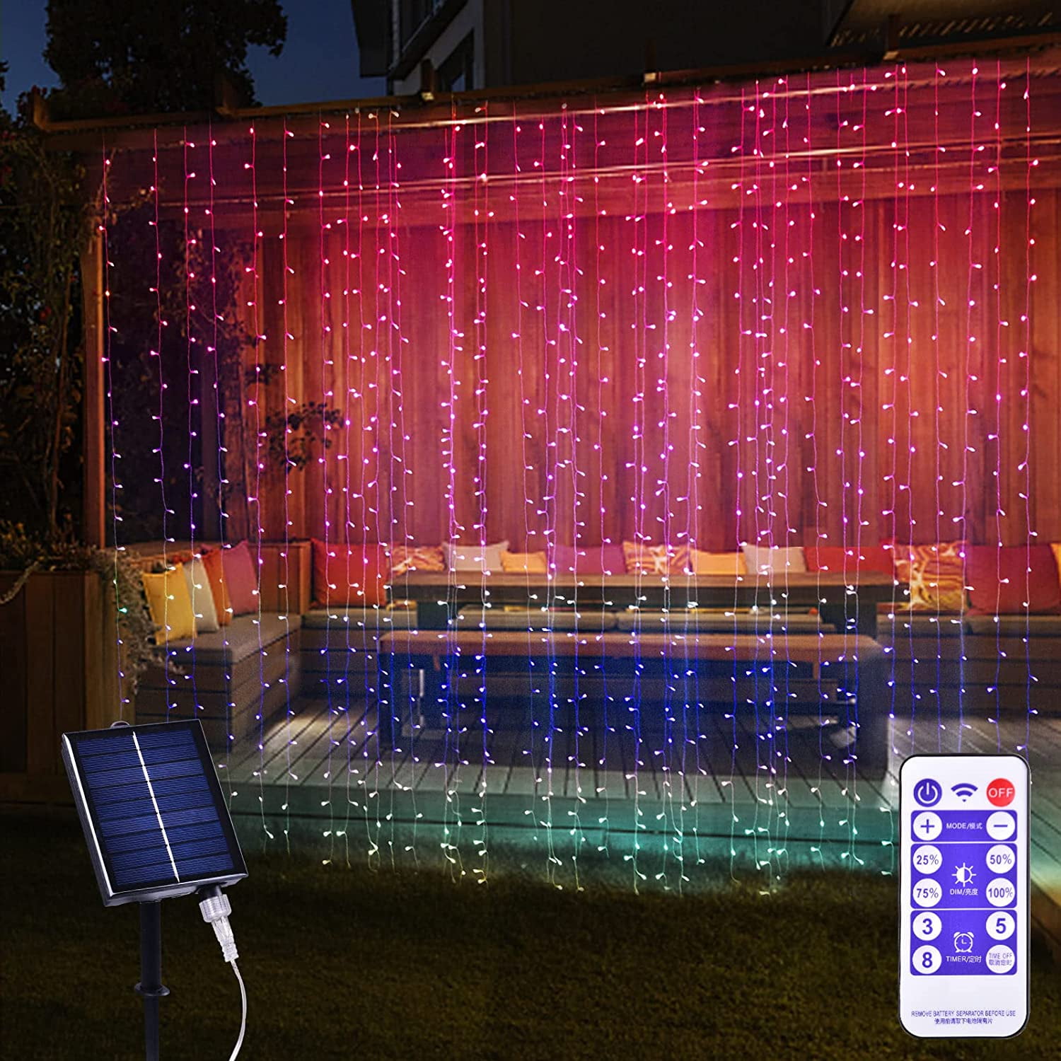 Solar Powered Multicolor Outdoor Curtain Fairy Lights