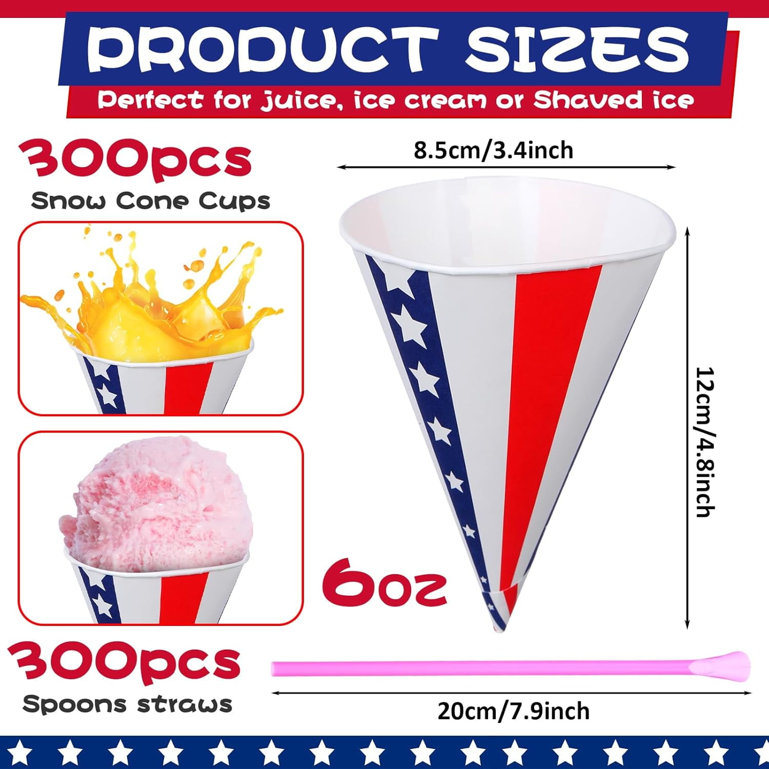 TRAHOO300 Pcs 6oz Snow Cone Cups and 300 Pcs Spoon Straws Disposable