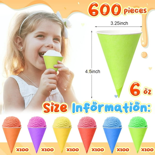 TRAHOO300 Pieces 6 Oz Snow Cone Cups Colorful Paper Cone Cup Bulk