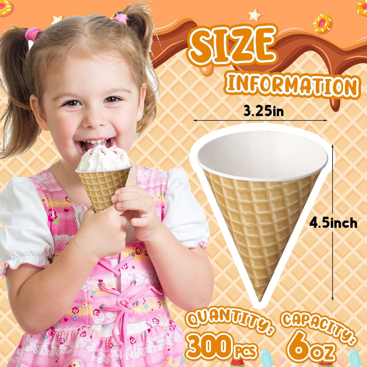 TRAHOO300 Pieces 6 Oz Snow Cone Cups Colorful Paper Cone Cup Bulk