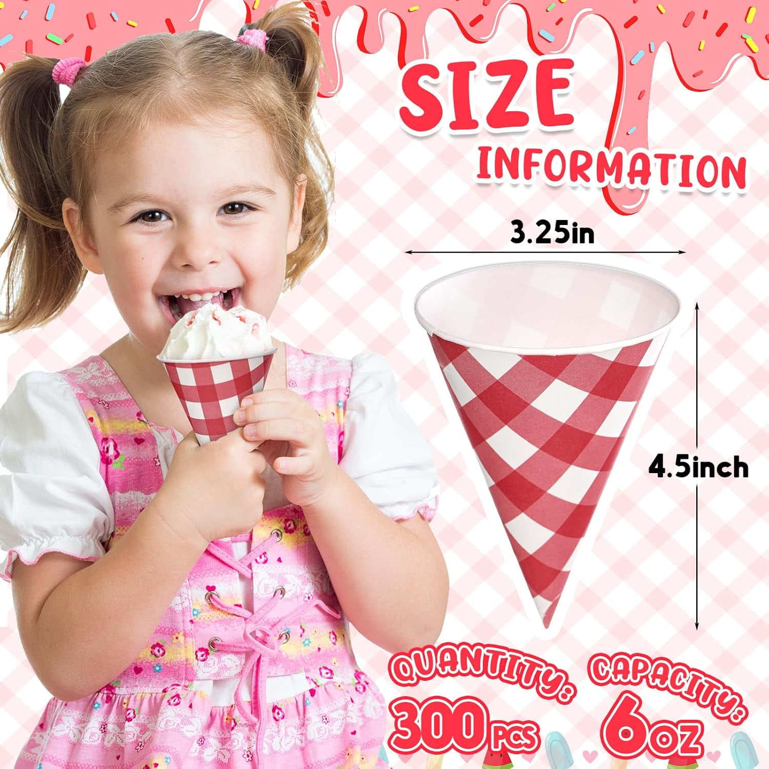 TRAHOO300 Pieces 6 Oz Snow Cone Cups Colorful Paper Cone Cup Bulk