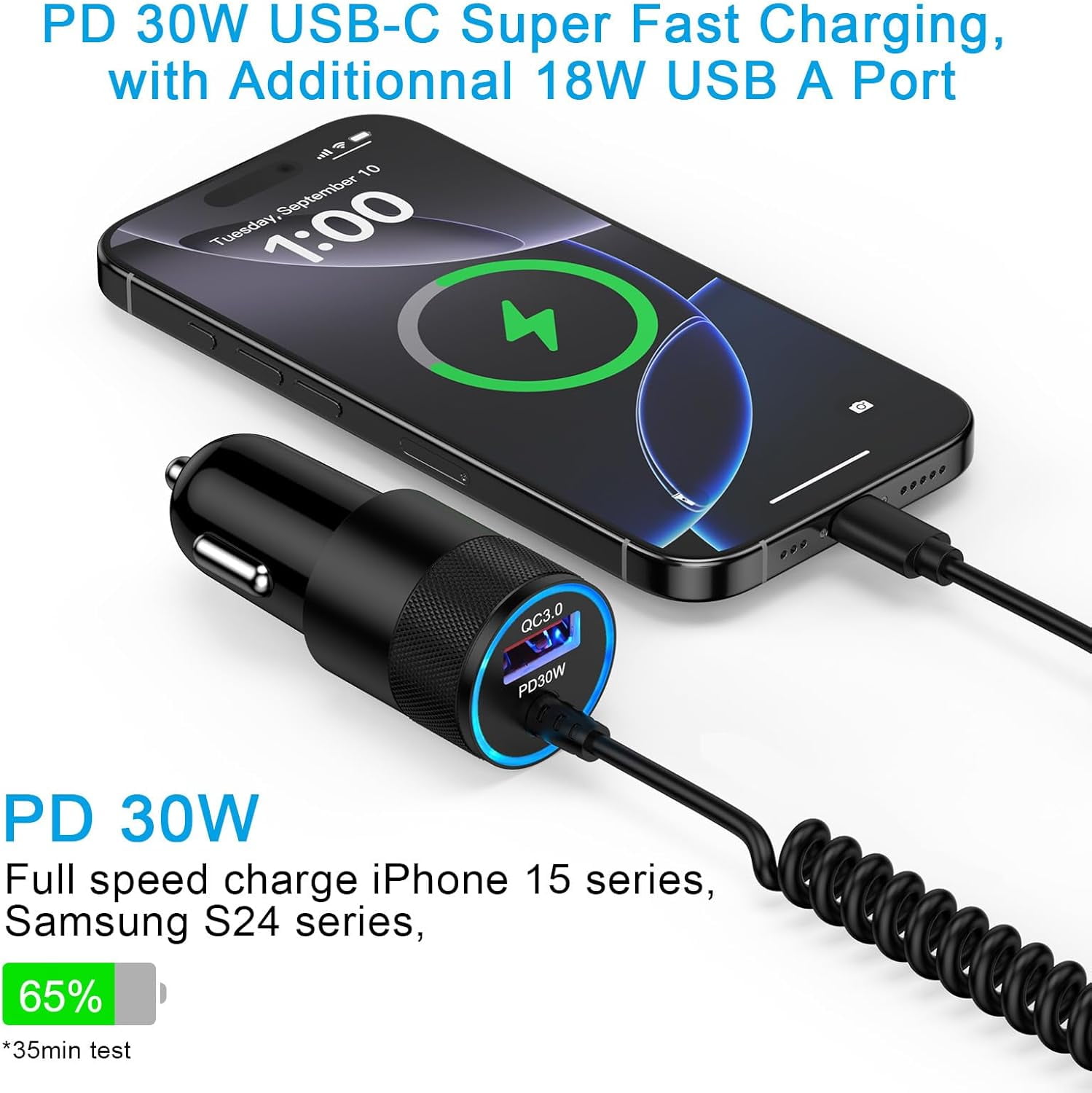 TRAHOO30W USB C Fast Car Charger 2.8ft Coiled Cable for Samsung Galaxy