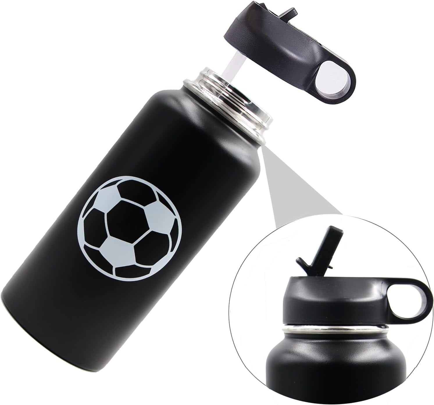 TRAHOO32 oz Soccer Water Bottle, Wide Mouth Travel Sports Flask with 2