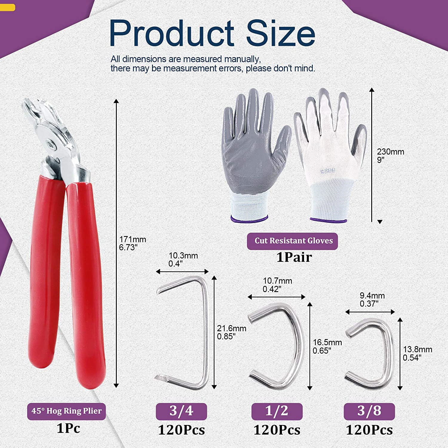 TRAHOO360Pcs 3/4" 1/2" 3/8" Galvanized Hog Rings with Hog Ring Pliers