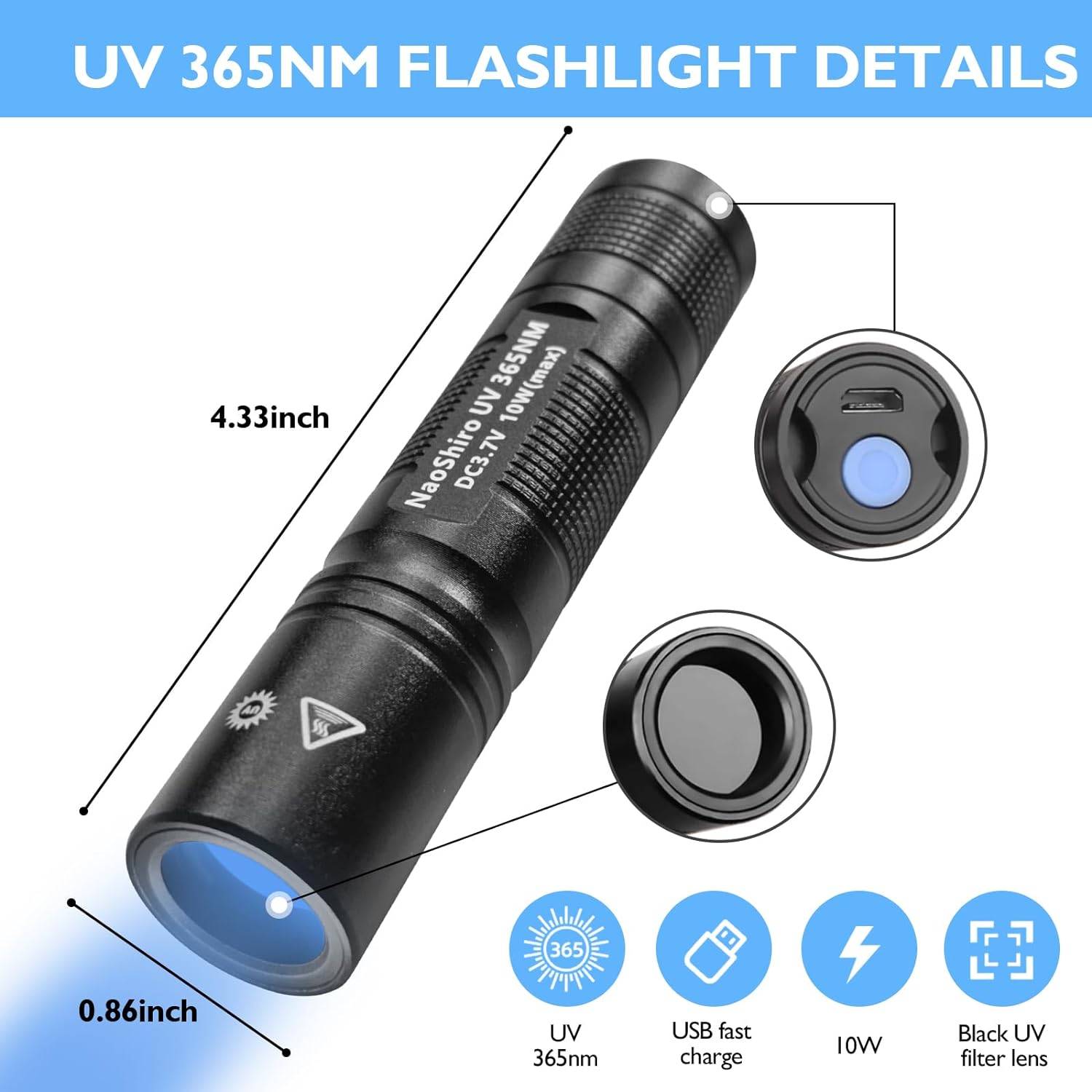 TRAHOO365nm UV Flashlight Black Light Wood's Lamp Rechargeable UV