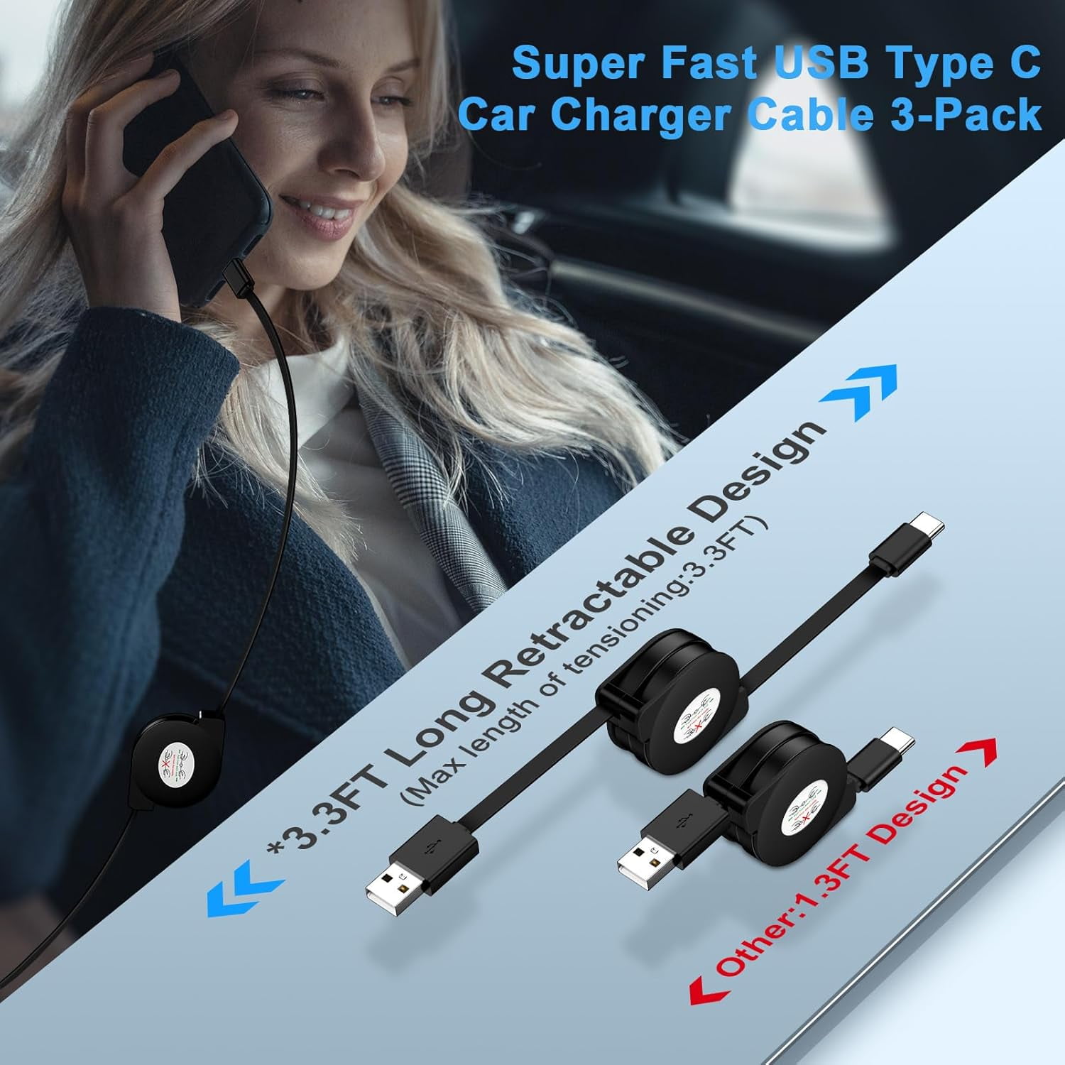 TRAHOO3Pack Car Carplay Cable Fast Charging 3.3FT Retractable USB Type