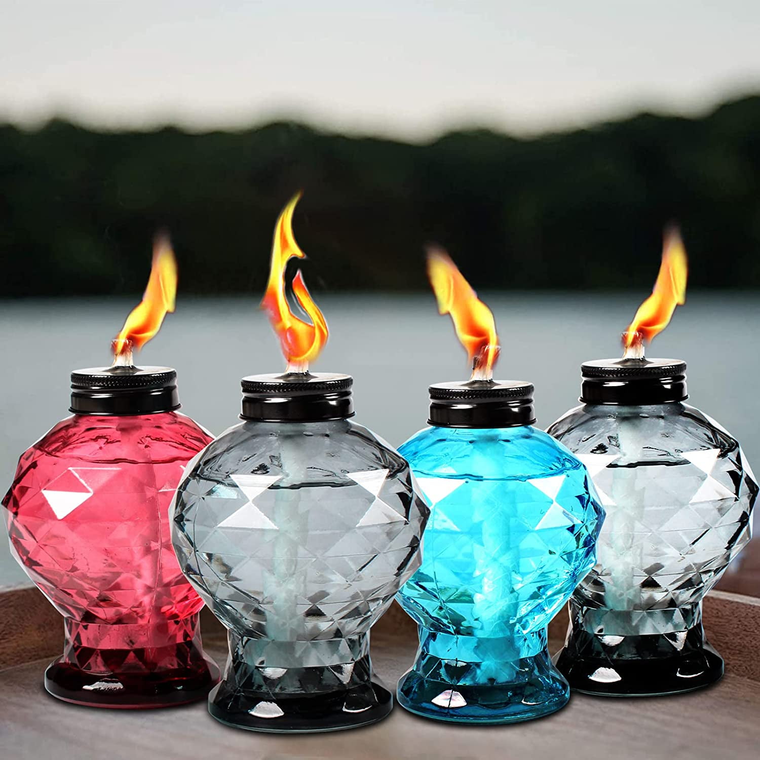 Colorful Glass Tabletop Torches with Fiberglass Wick and Metal Snuffer