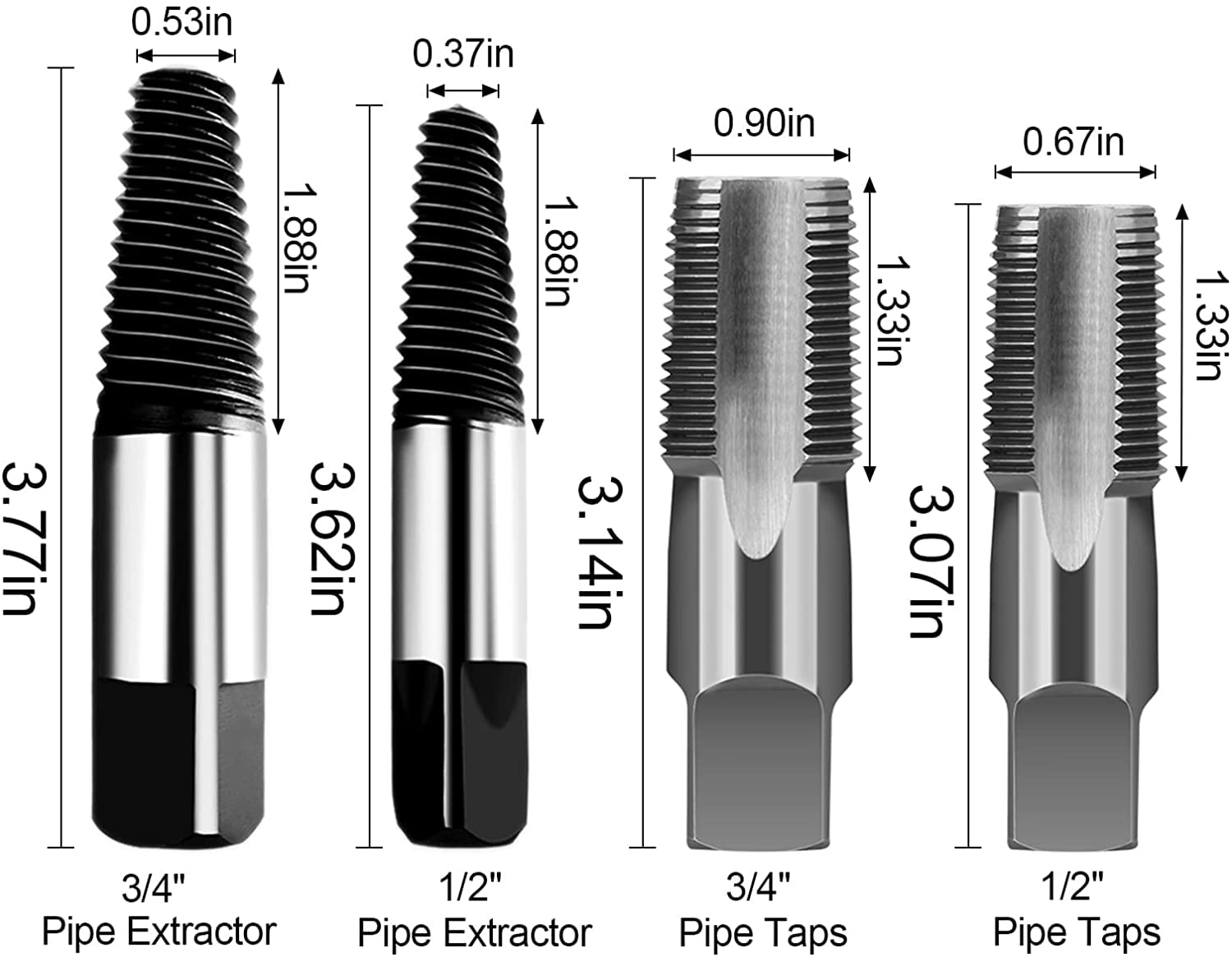 TRAHOO4 Pcs 1/2" 3/4" Carbon Steel Water Pipe Extractor NPT Taps Set