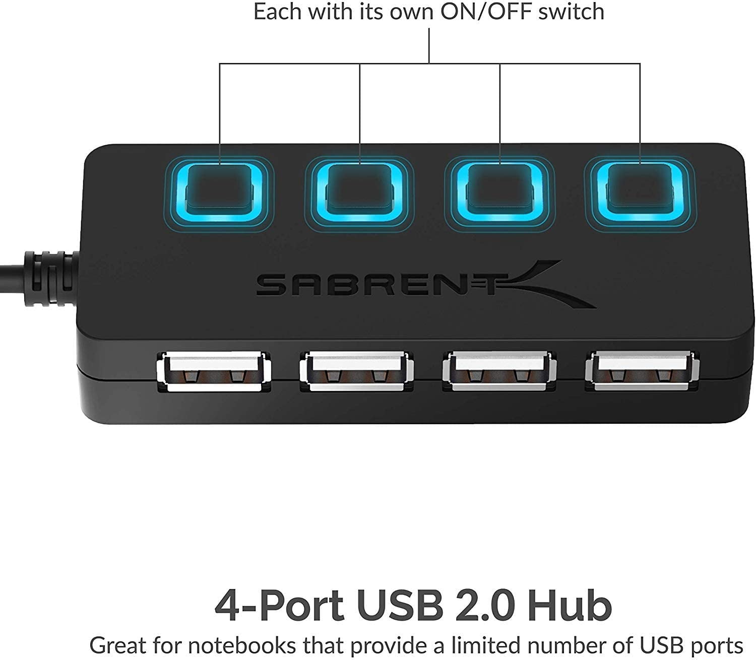 TRAHOO4 Port USB 2.0 Data Hub with Individual LED lit Power Switches
