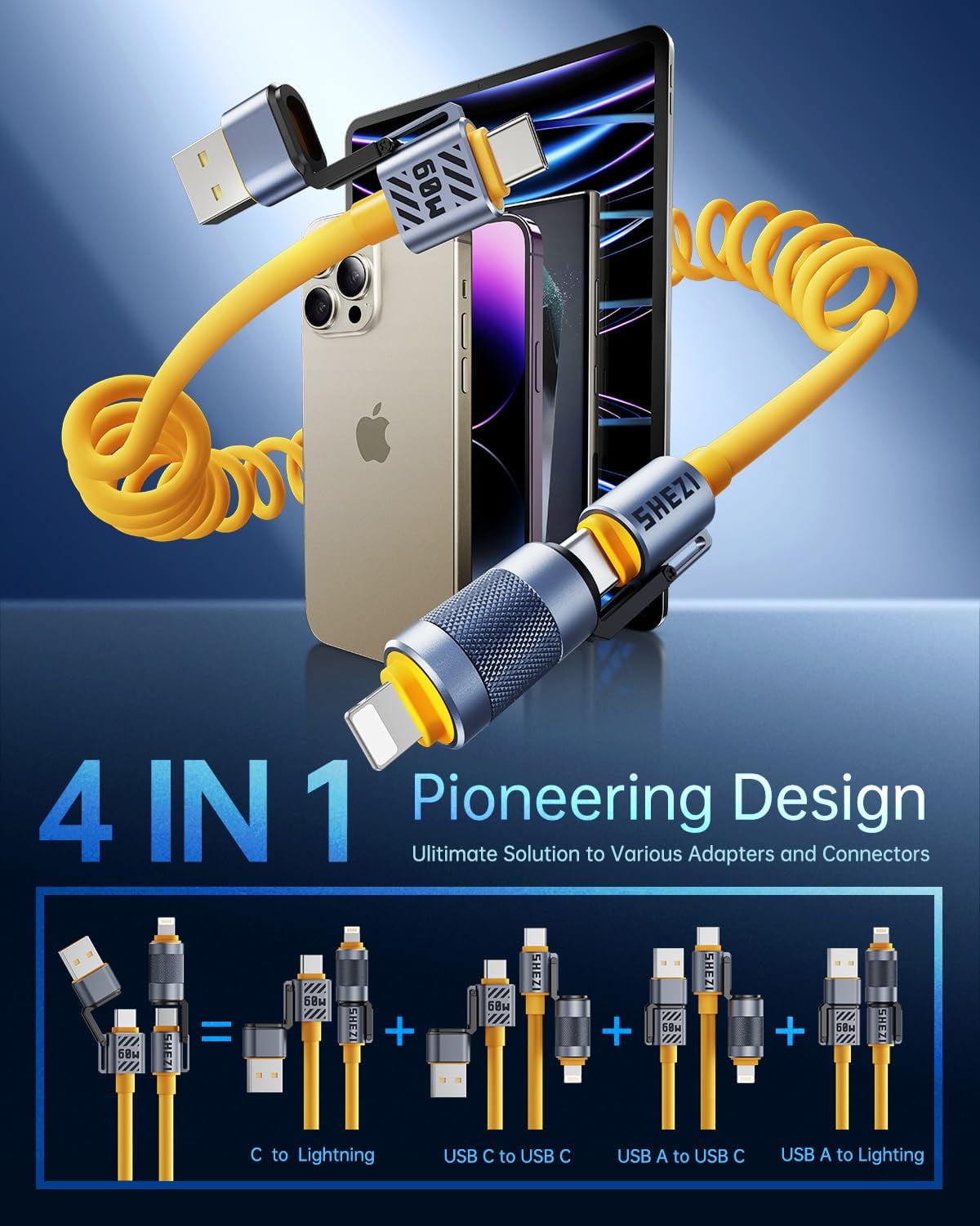 TRAHOO4in1 Coiled USB C Cable 60W for Car, Fast Charging Lightning