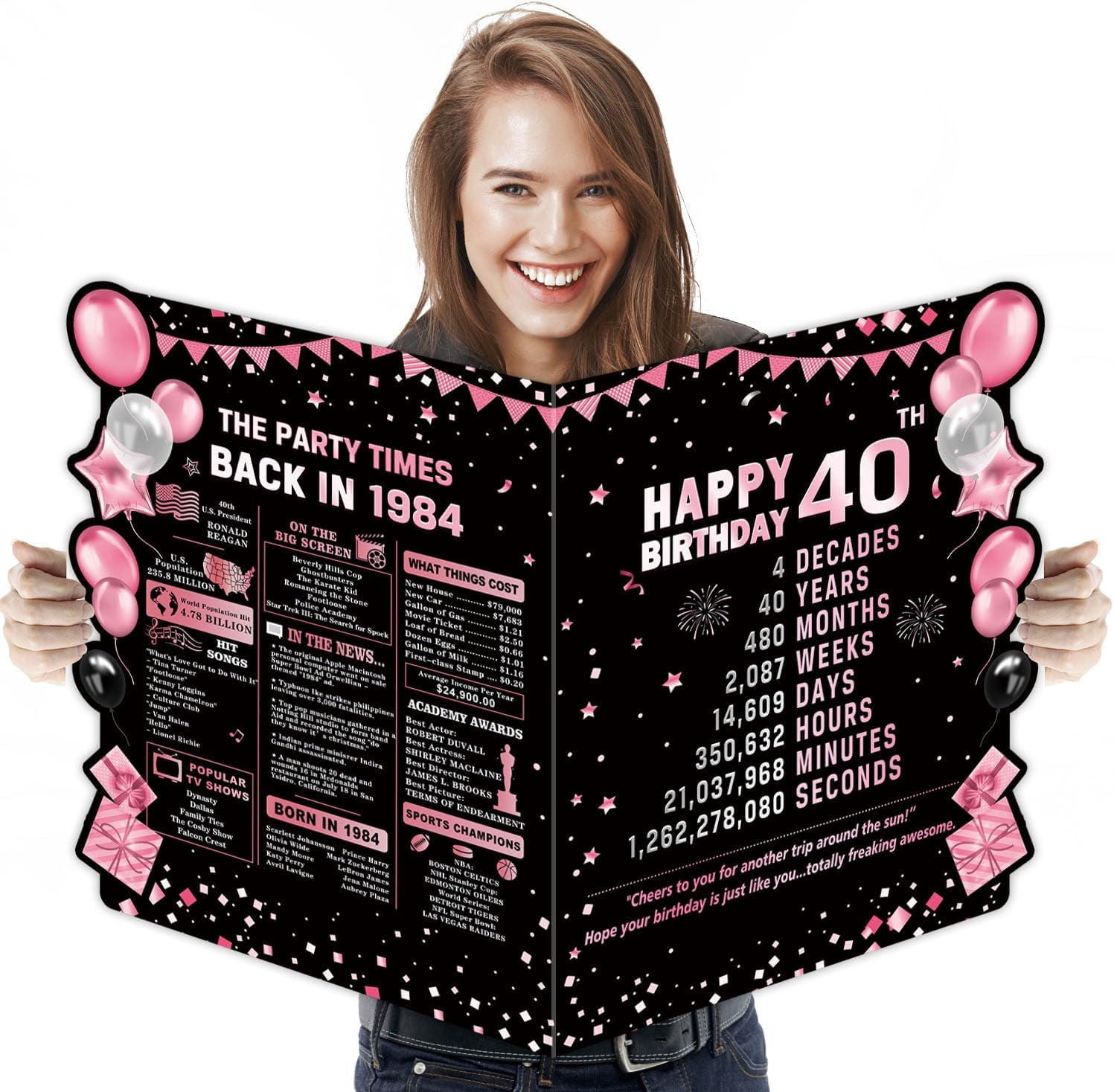 TRAHOO-40th Birthday Large Greeting Card, Happy Birthday Giant Guest Book, Birthday Card Big Happy Birthday Card Oversize Plastic Card for Women Men Friends Coworker Family Couple Pink Theme Party