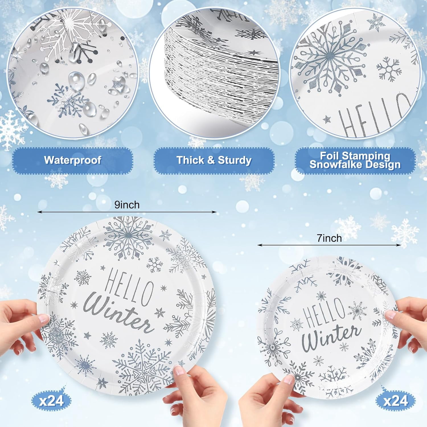 TRAHOO 48 Pcs Hello Winter Paper Plates 7 Inch 9 Inch Snowflake Foil Trahoo 48 pcs hello winter paper plates 7 inch 9 inch snowflake foil