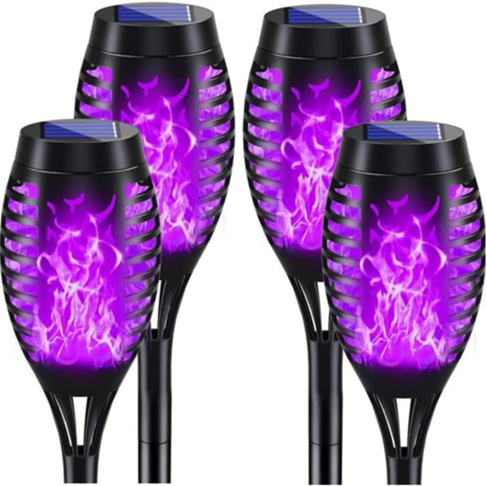Set of 4 Purple LED Solar Flame Garden Lights