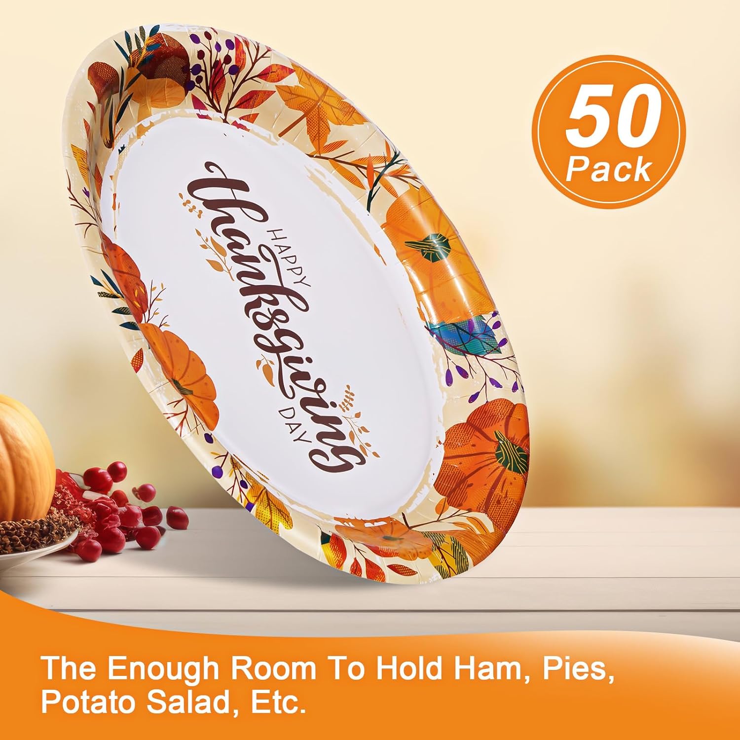 TRAHOO50 Count Thanksgiving Oval Paper Plates, 10" x 12.5" Large