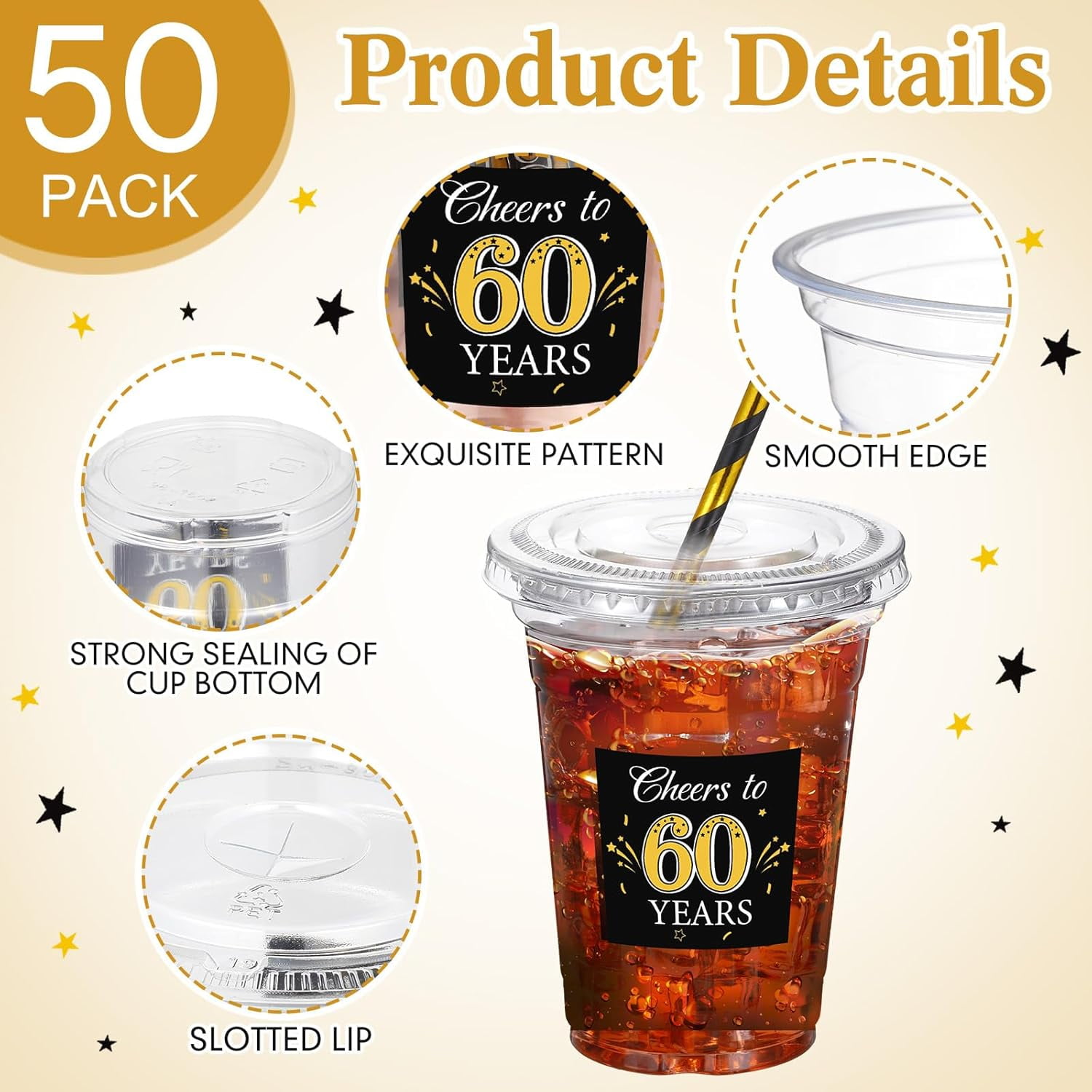 TRAHOO50 Sets 60th Birthday Party Plastic Cups with Lids and Straws 16