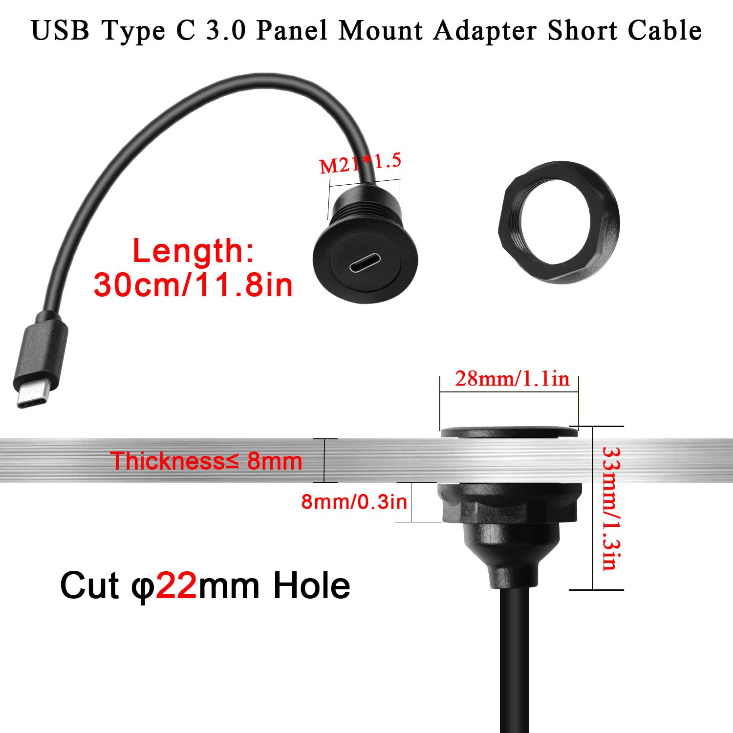 TRAHOO5Gbps USB C Flush Mount Adapter Fast Charging Short Cable PD60W