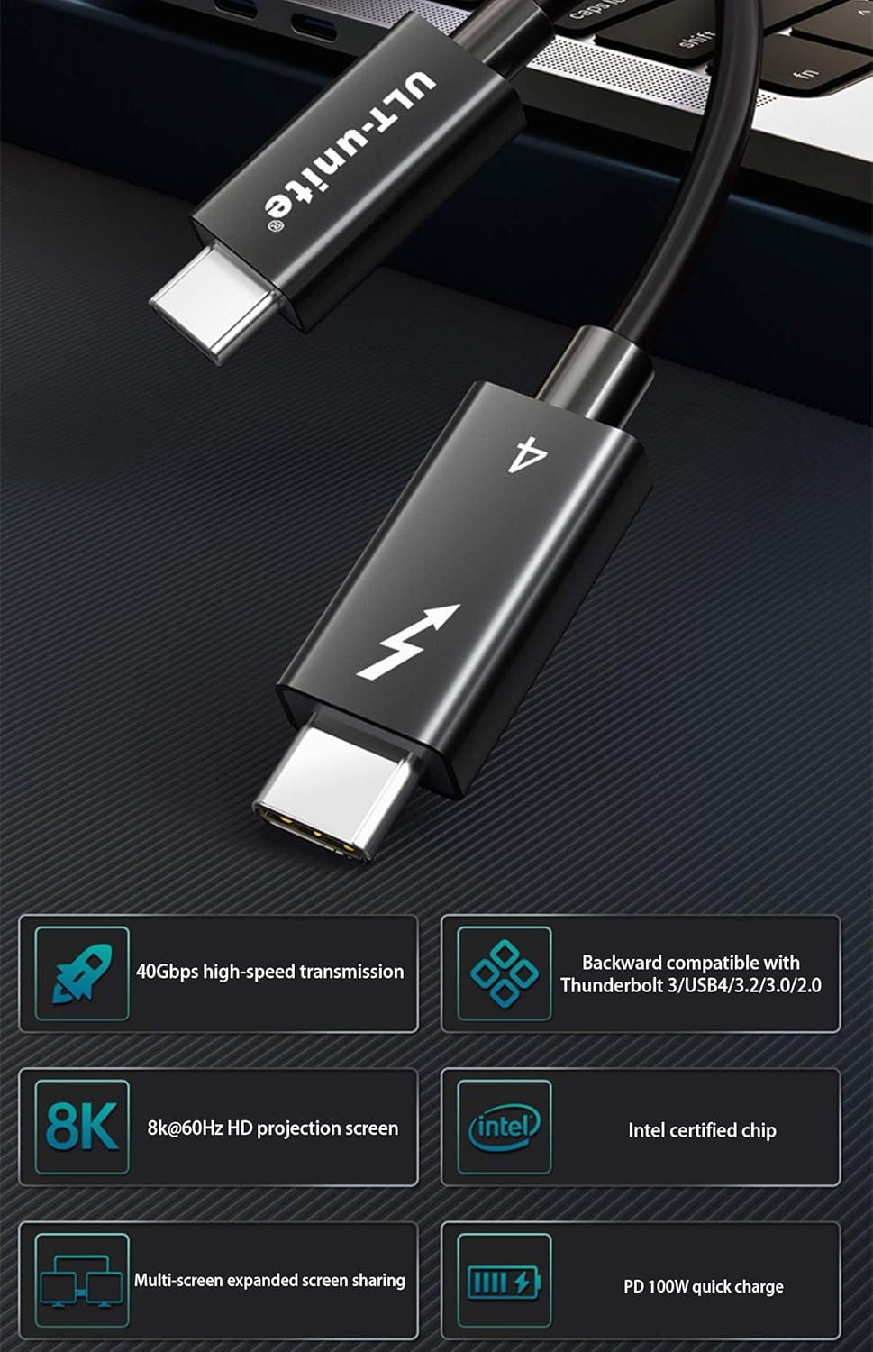 TRAHOO6.6FT Thunderbolt 4 Cable(Active),Support 40Gbps Data Transfer