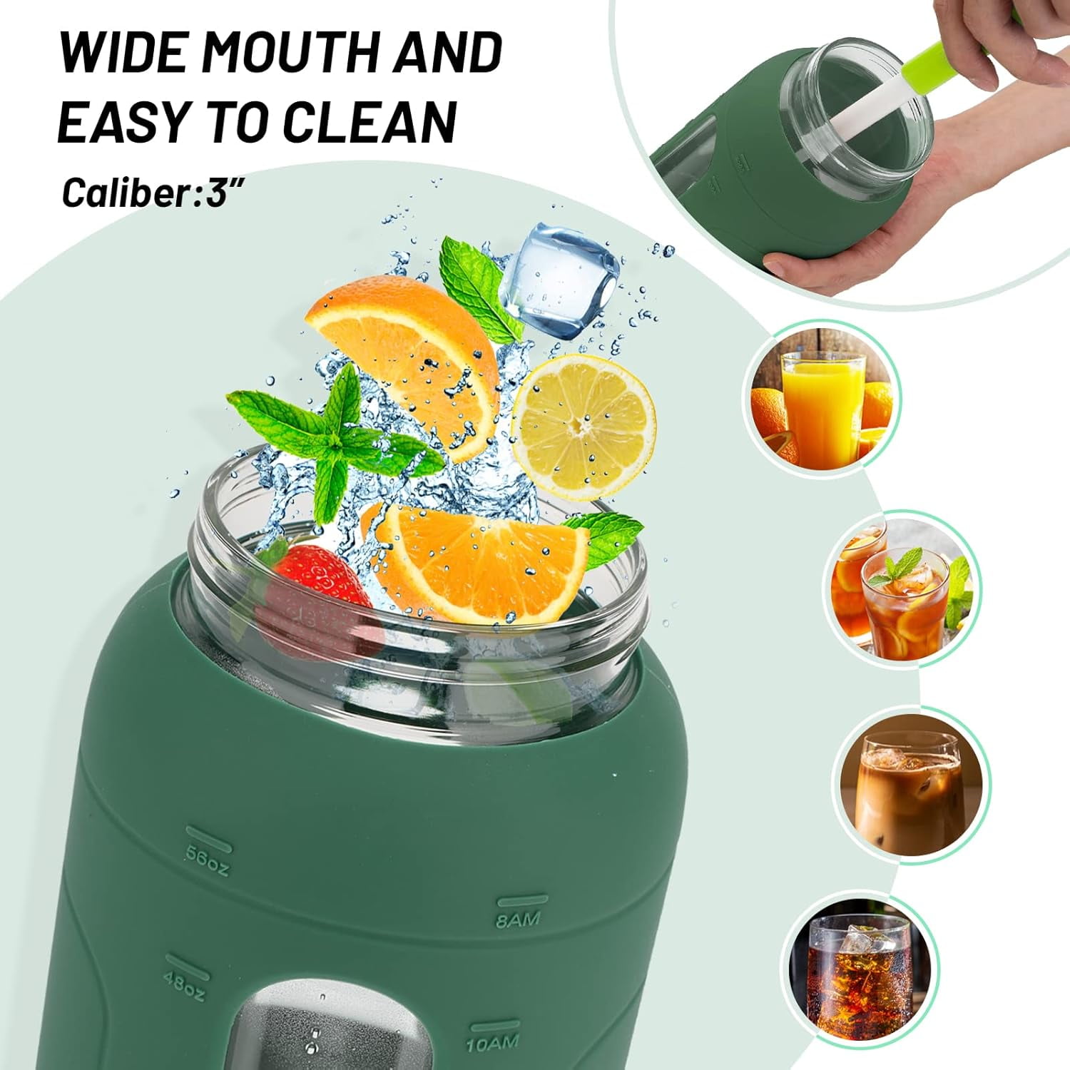 Glass Water Bottle With Silicone Sleeve And Straw TRAHOO-64oz Glass Water Bottles with Straw Lid and Time Marker Half